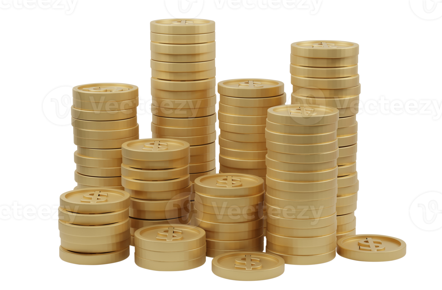 Golden coins stack isolated on transparent background PNG file. 3D rendering.
