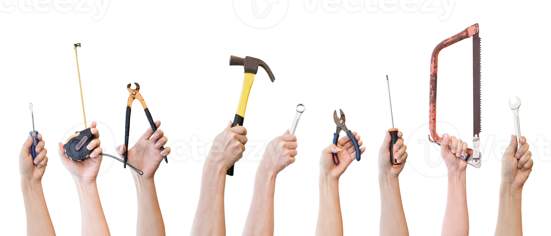 Hands holding different mechanic tool isolated on transparent background PNG file