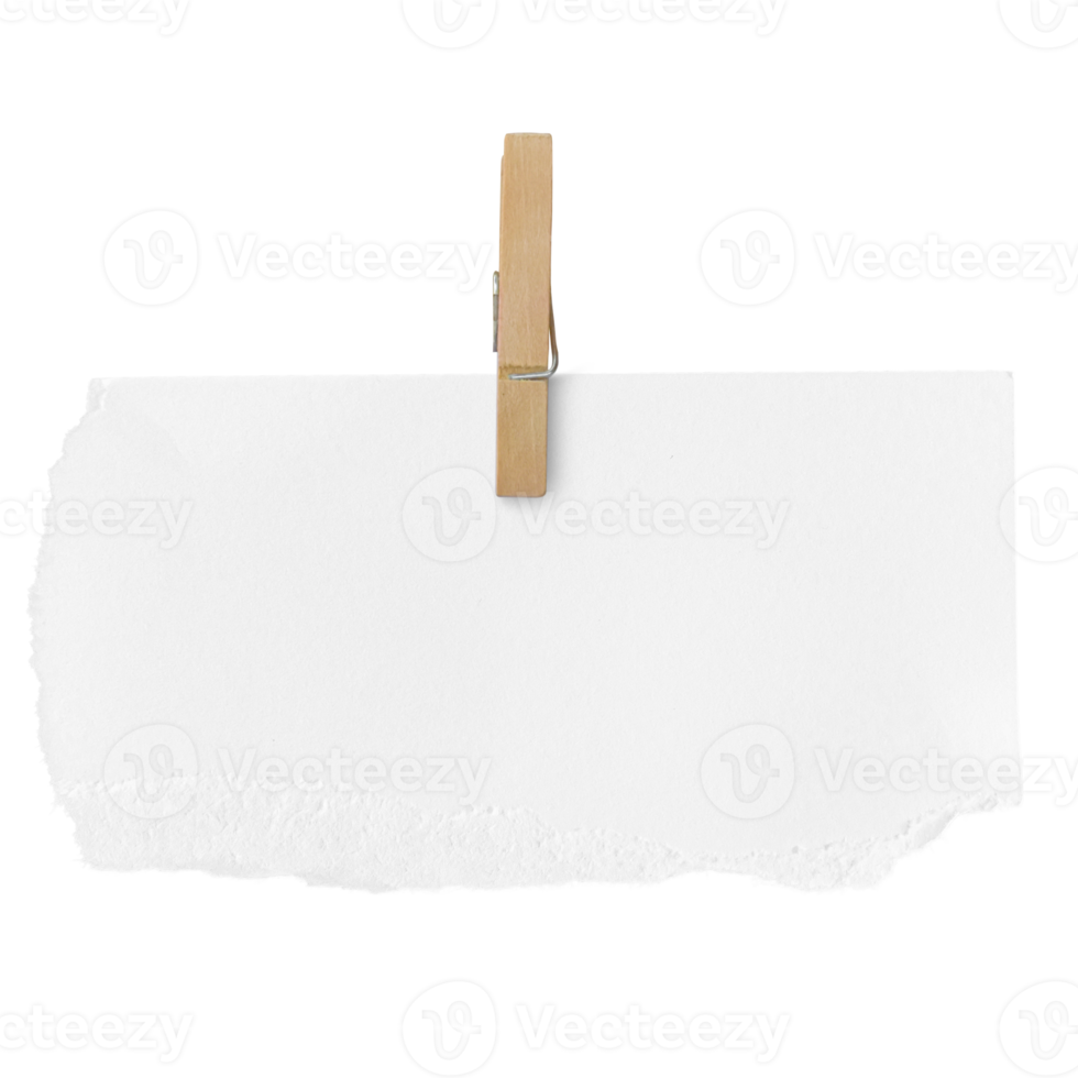 Wooden clip and white paper torn isolated on transparent background PNG file.