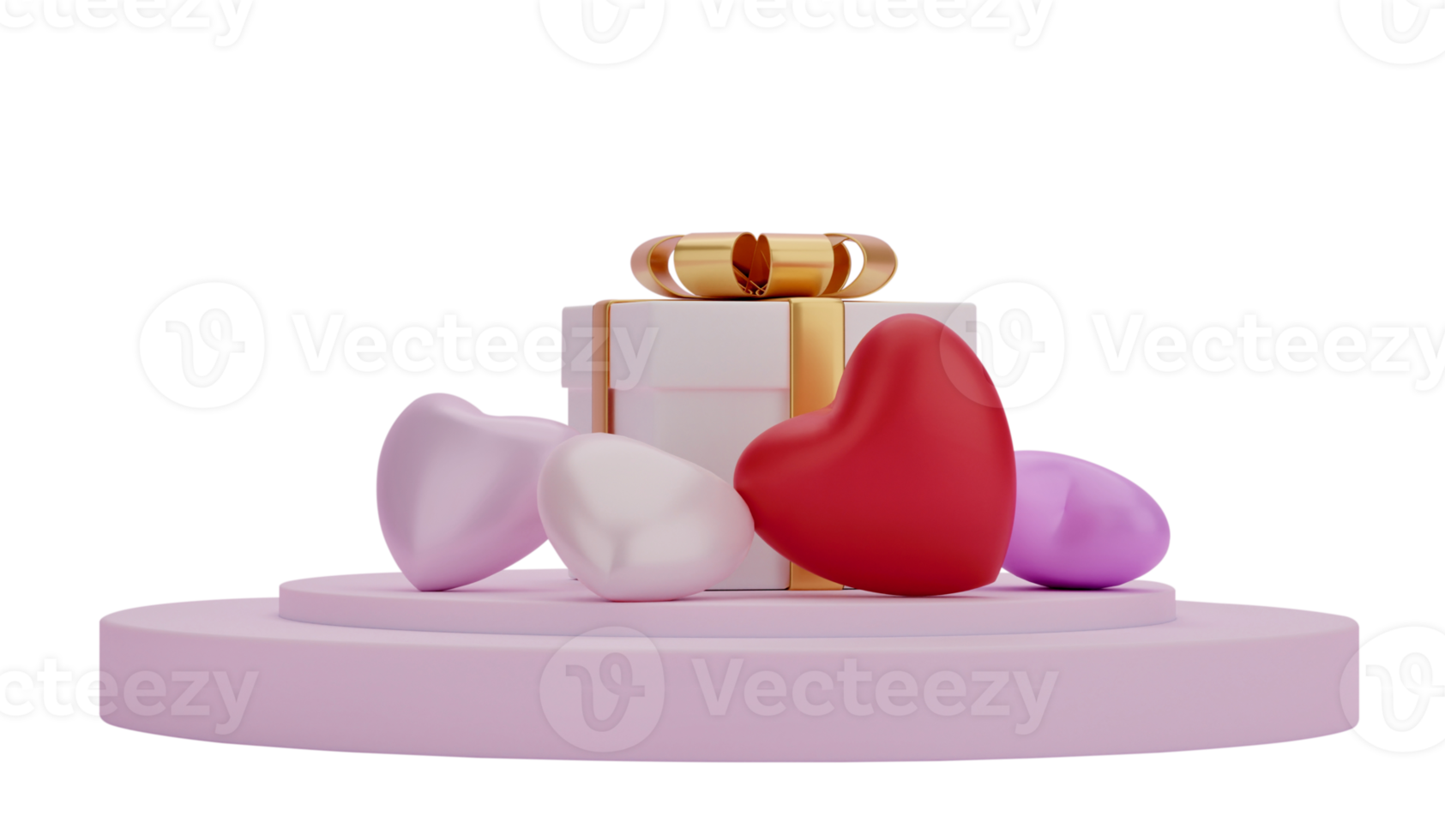 Gift box and heart on presentation podium isolated on transparent background PNG file. 3d rendering.