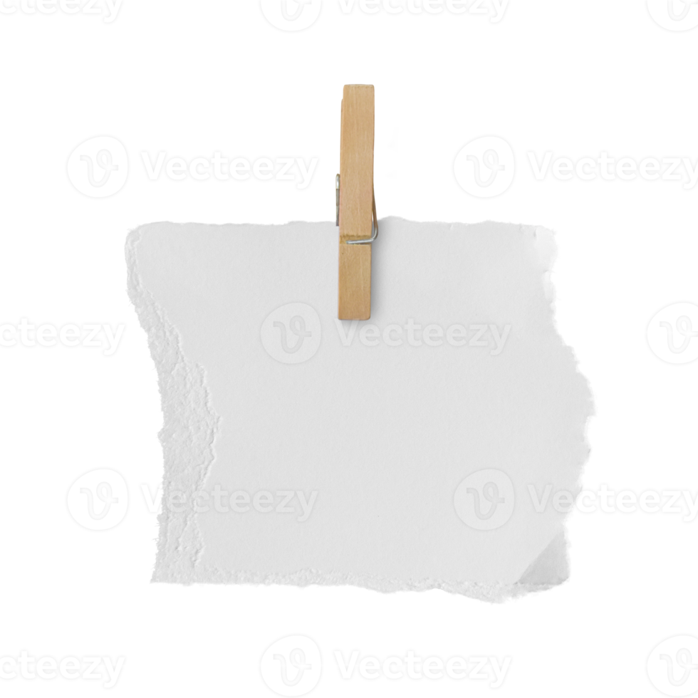 Wooden clip and white paper torn isolated on transparent background PNG file.