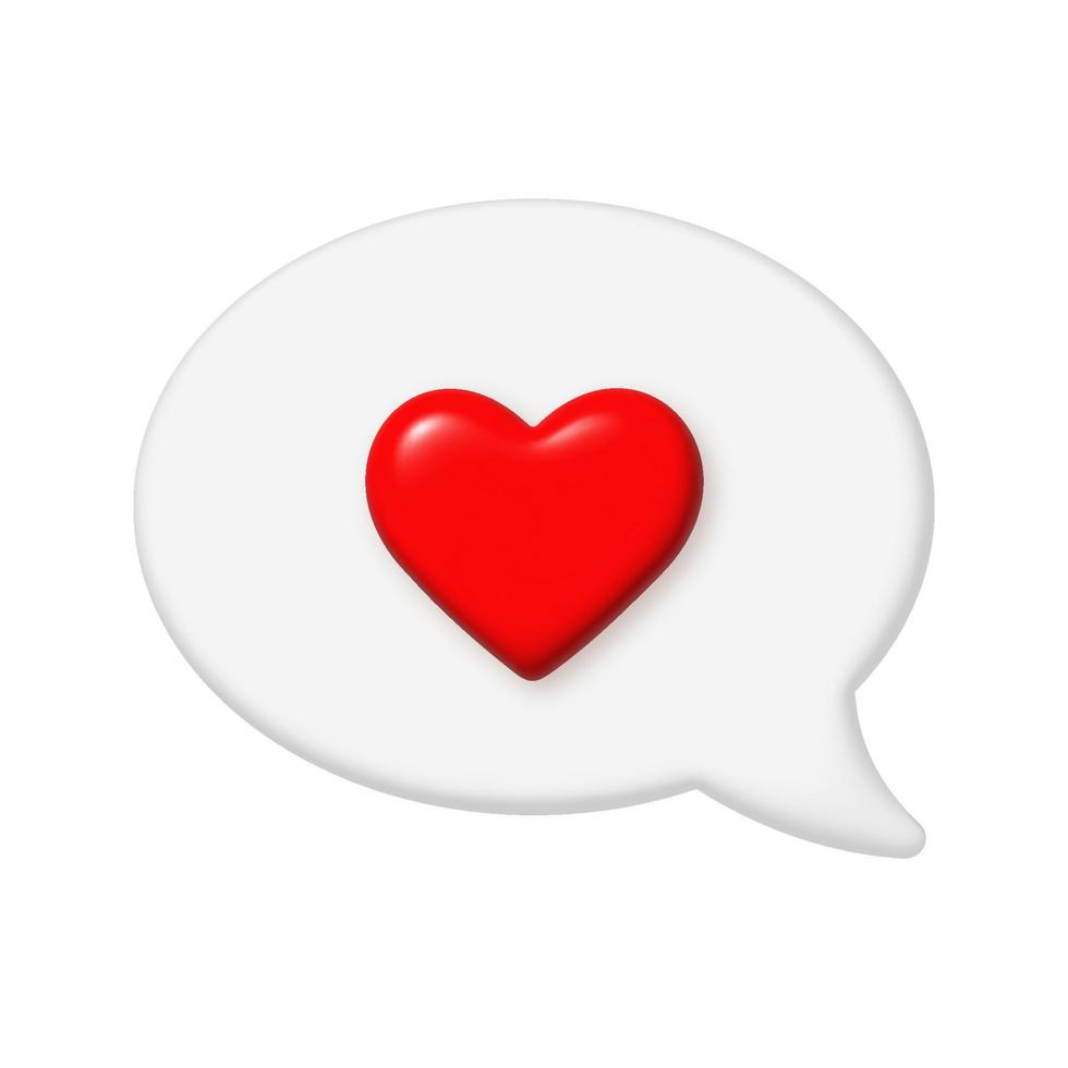 Speech bubble 3D Icon. Love message. Red 3d heart on a white bubble. Vector illustration.