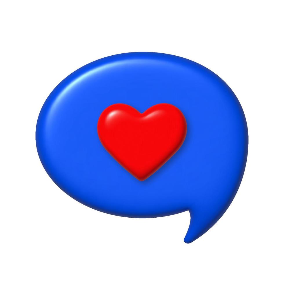 Speech bubble 3D Icon. Love message. Red 3d heart on a blue bubble. Vector illustration.