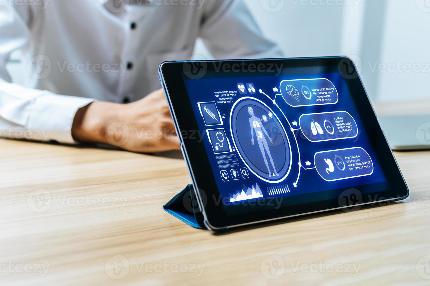 digital mobile tablet with digital icon hologram and medical graphic diagram on screen with patient in hospital, coronavirus, medical technology, health care cancer and disease treatment concept photo