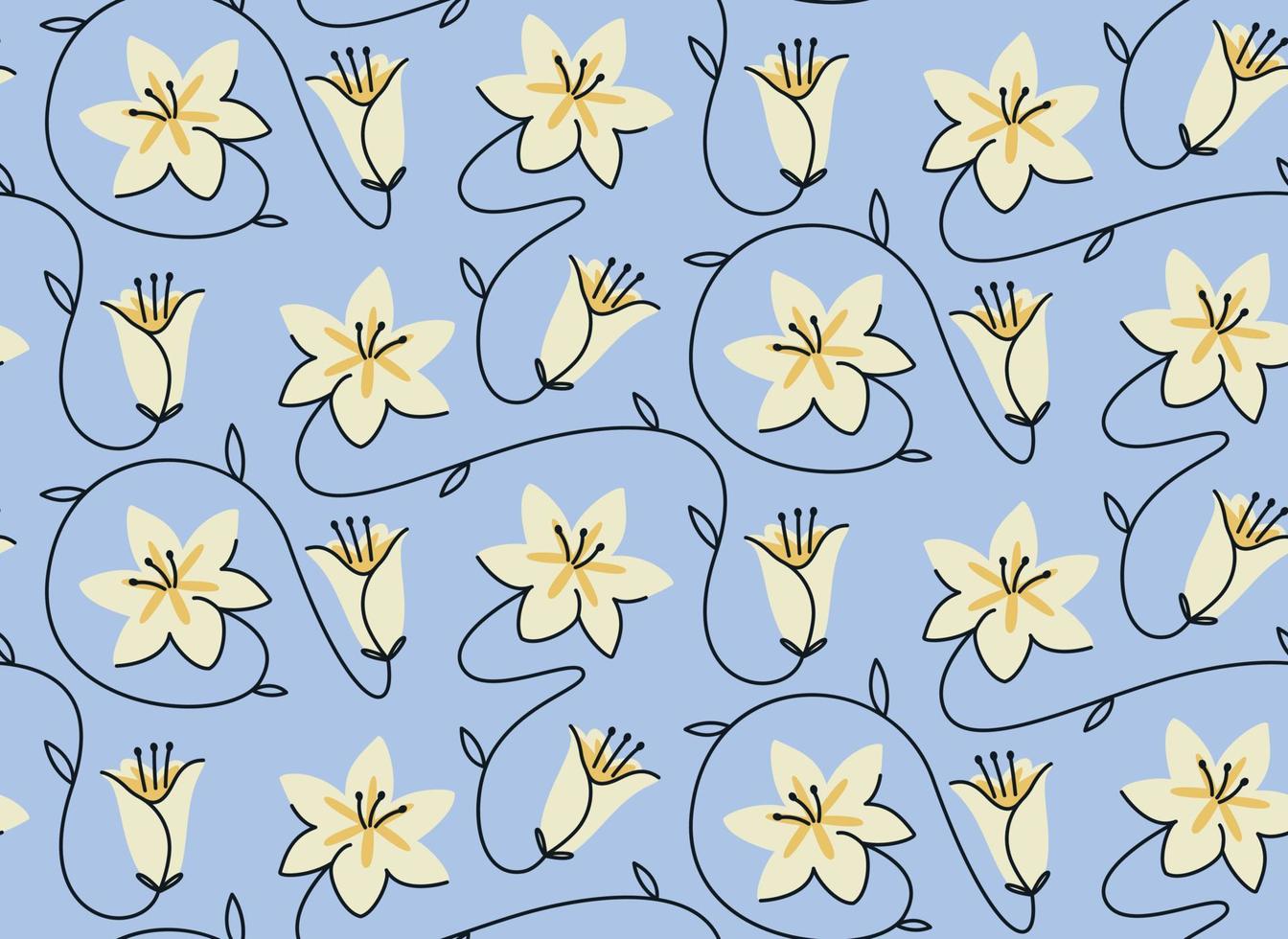 Seamless pattern with white lilies. Beautiful nature texture in doodle style. vector