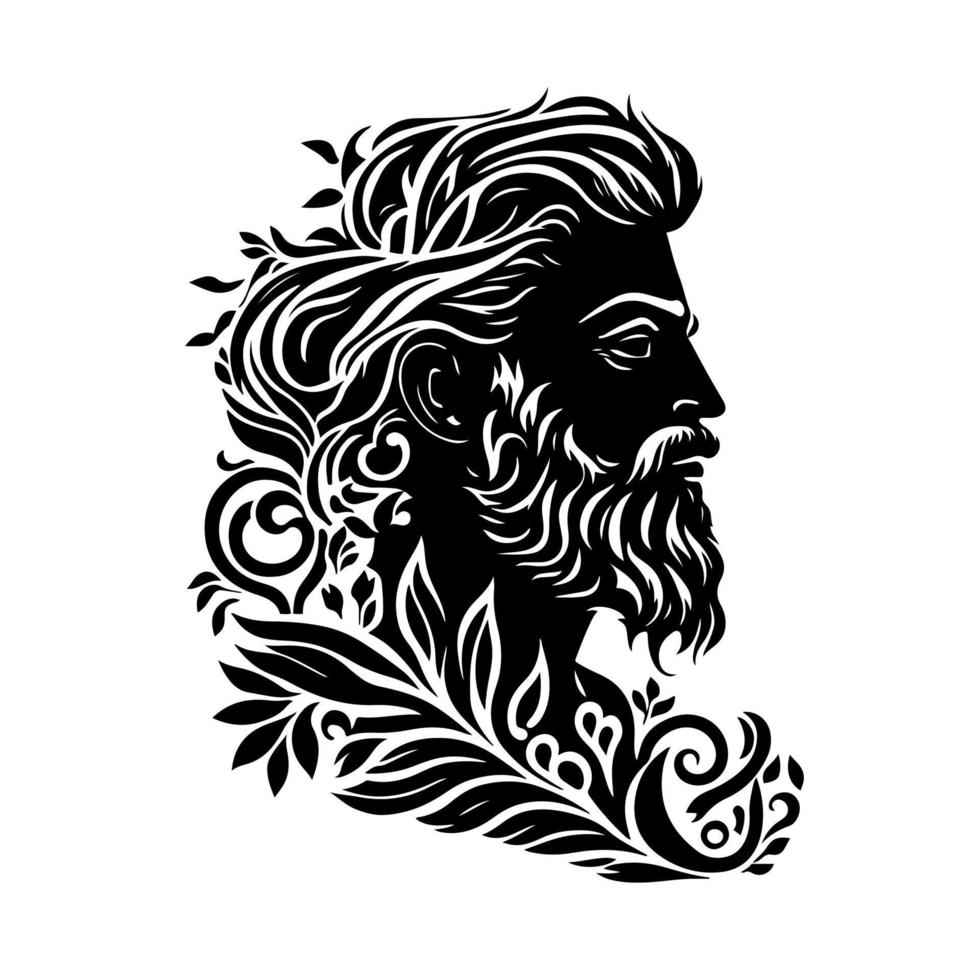 Ornamental portrait of Poseidon - the mythological god of the seas. Simple monochrome vector illustration.