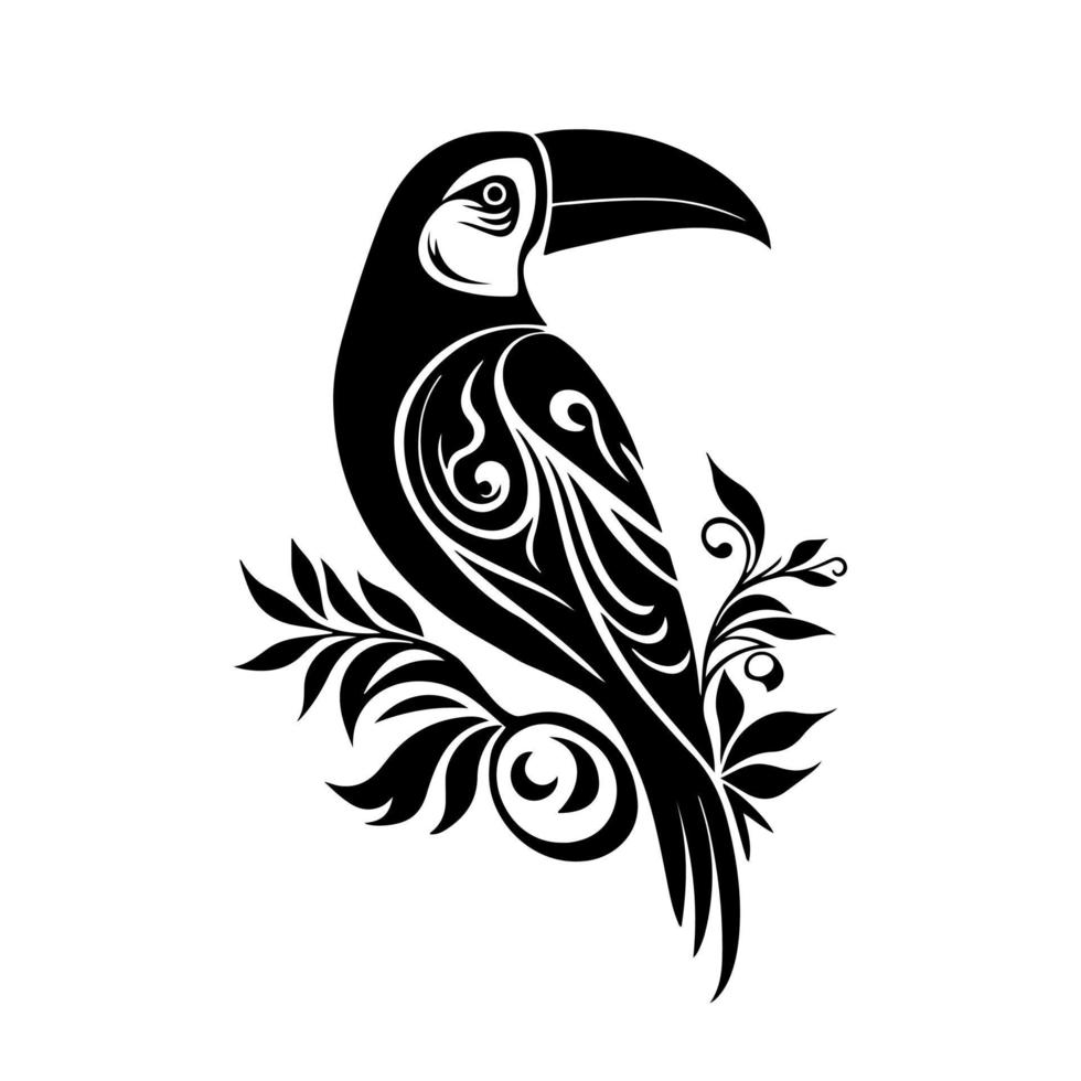 Beautiful, ornate toucan bird on the branch. Monochrome vector for logo, emblem, mascot, embroidery, sign, crafting.