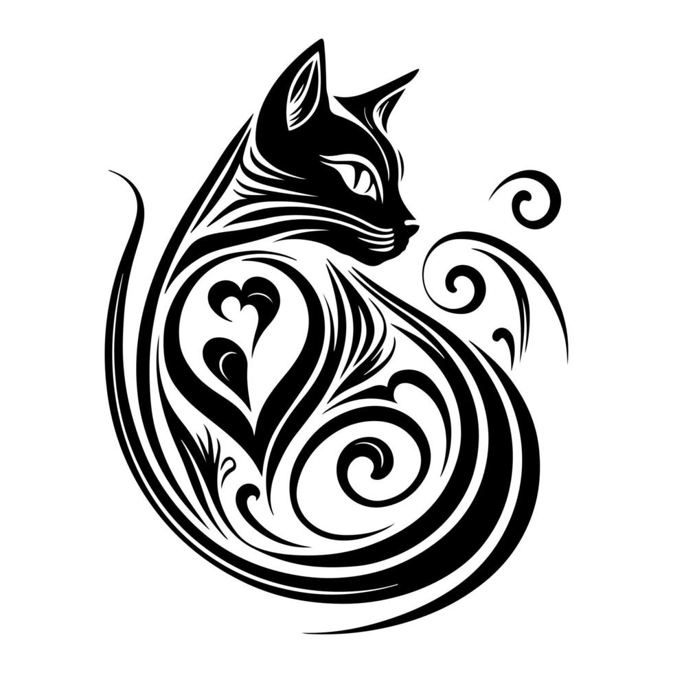 Cute ornamental cat. Monochrome illustration for logo, emblem, embroidery, wood burning, crafting. vector