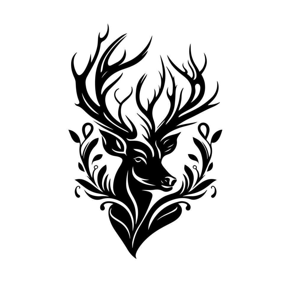 Ornamental deer in the woods. Simple vector illustration for logo, emblem, tattoo, embroidery, laser cutting, sublimation.