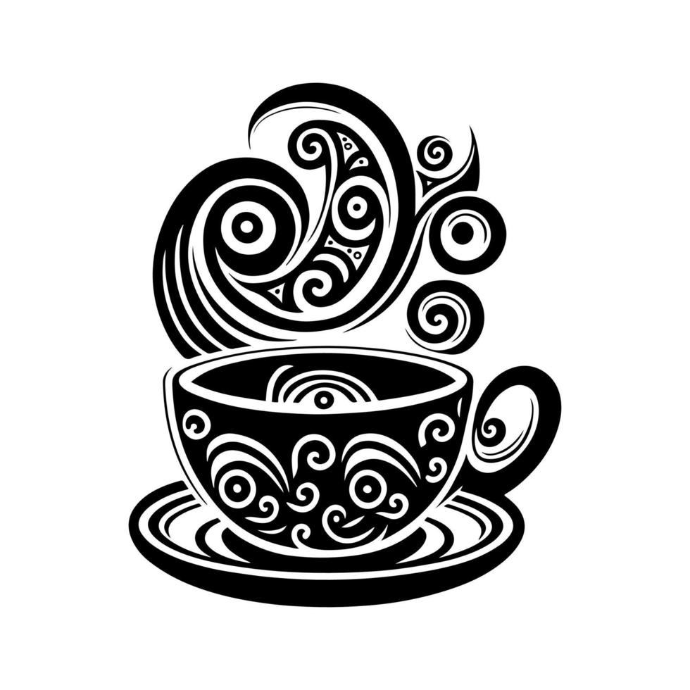 Ornamental cup of hot coffee. Monochrome vector for logo, emblem, mascot, embroidery, sign, crafting.