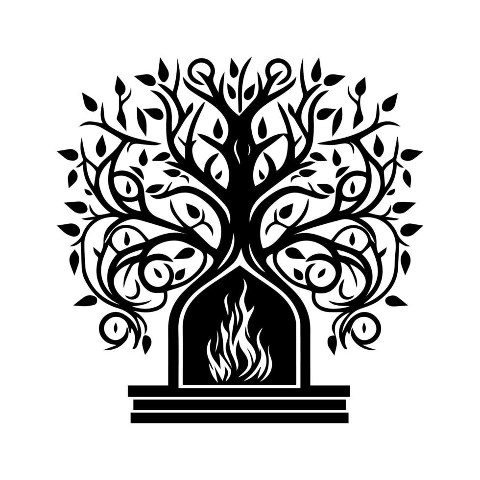 A fabulous fireplace in a beautiful tree trunk. Decorative illustration for logo, emblem, embroidery, wall art, crafting. vector