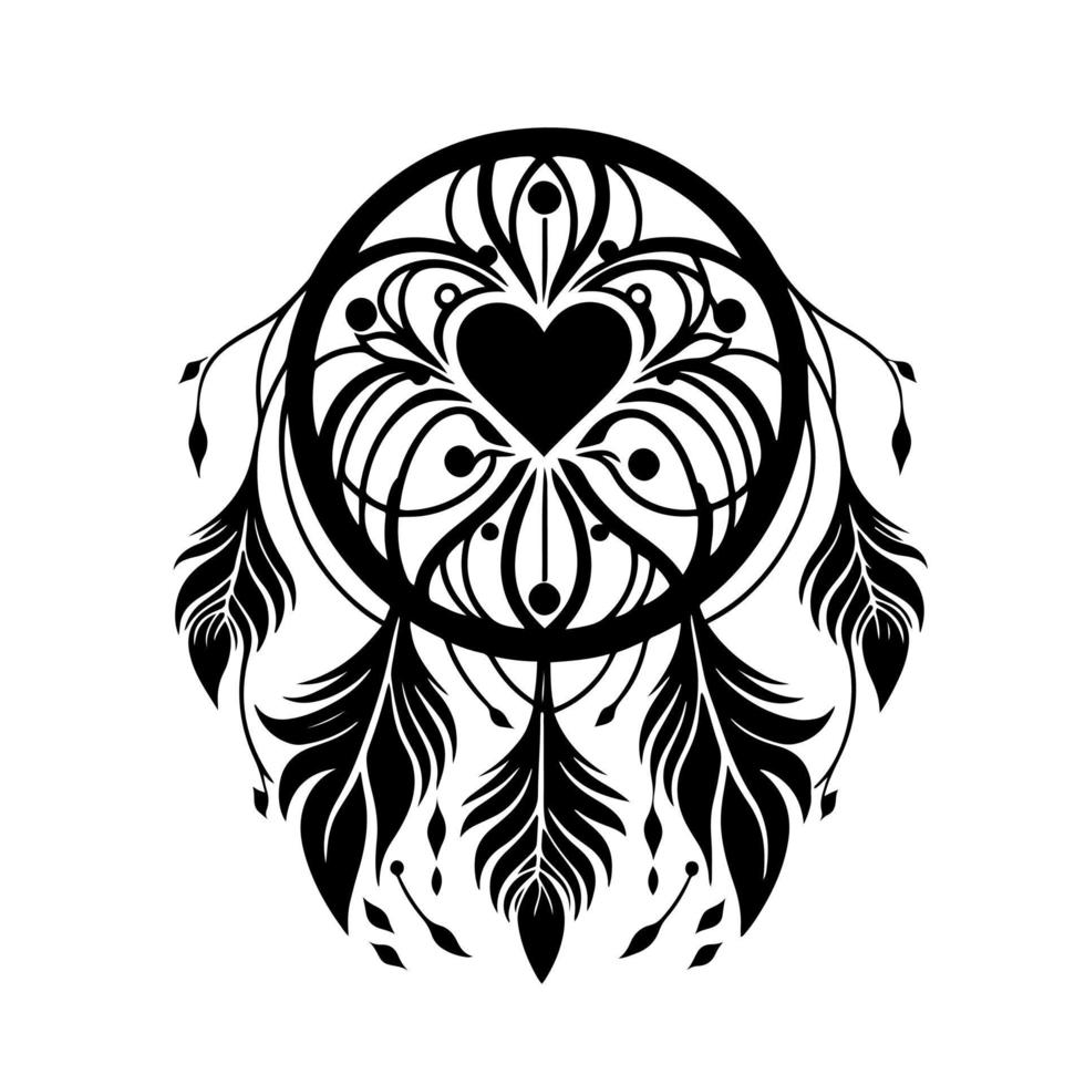 Monochrome dream catcher with feathers and heart shape in the middle. Simple vector illustration.