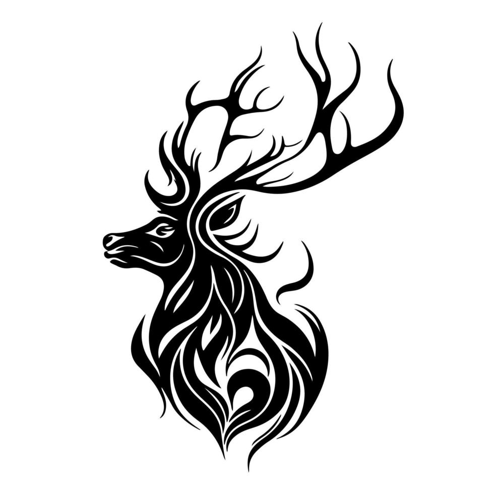 Ornamental elk with branched antlers. Decorative illustration for logo, emblem, embroidery, cutting, woodburning, crafting. vector