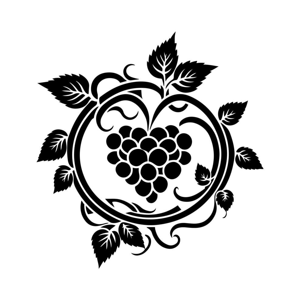 un racimo de uvas maduras en una corona de vides y hojas. ilustración ornamental para, logotipo, emblema, bordado, elaboración, signo, icono. vector