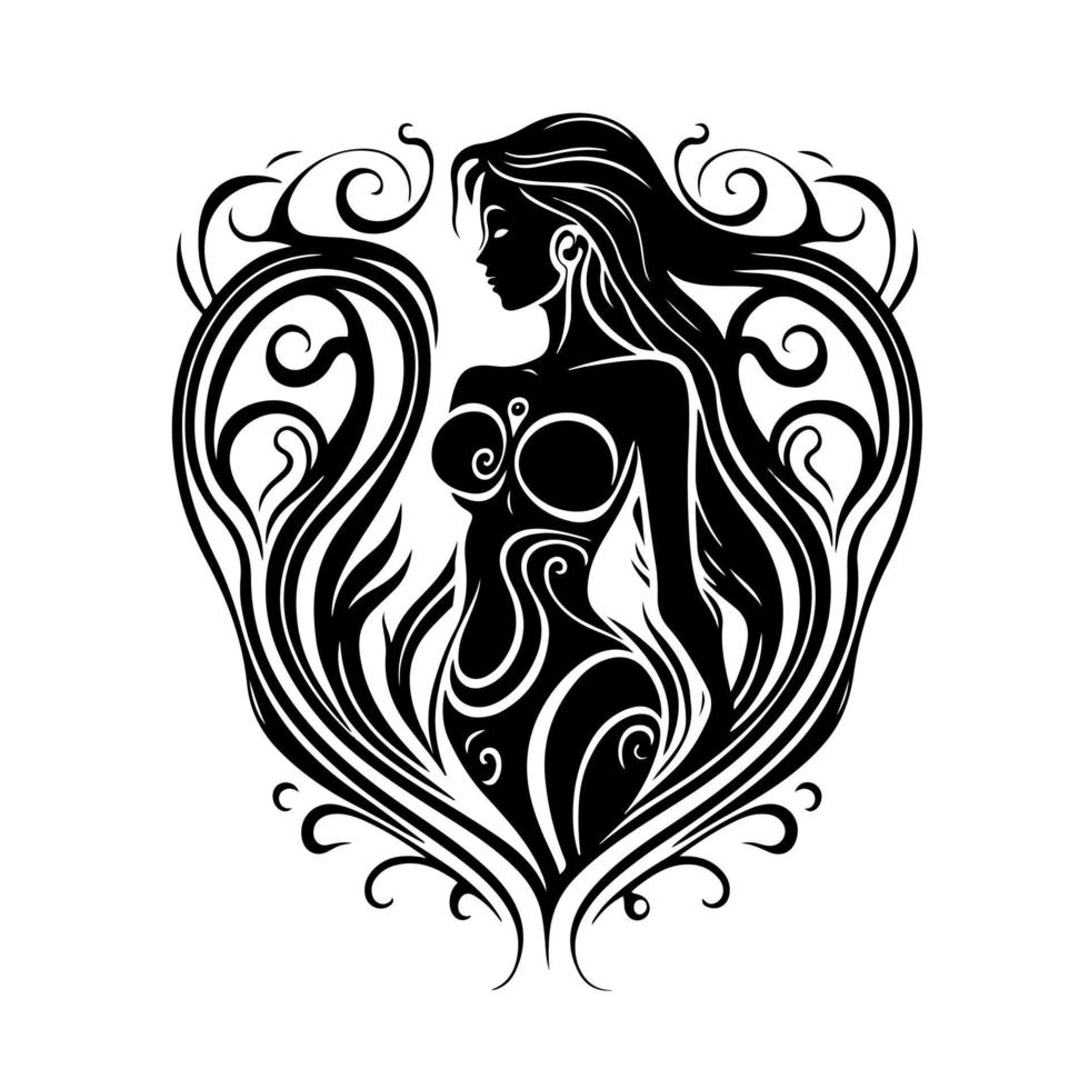 Fairytale mermaid in the deep sea. Decorative illustration for logo, emblem, tattoo, embroidery, laser cutting, sublimation. vector