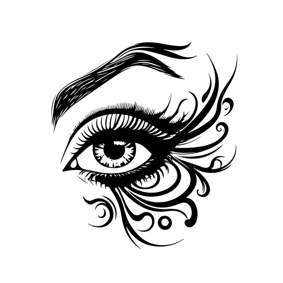 Beautiful female eye with long eyelashes and a swirl ornament. Monochrome vector illustration.