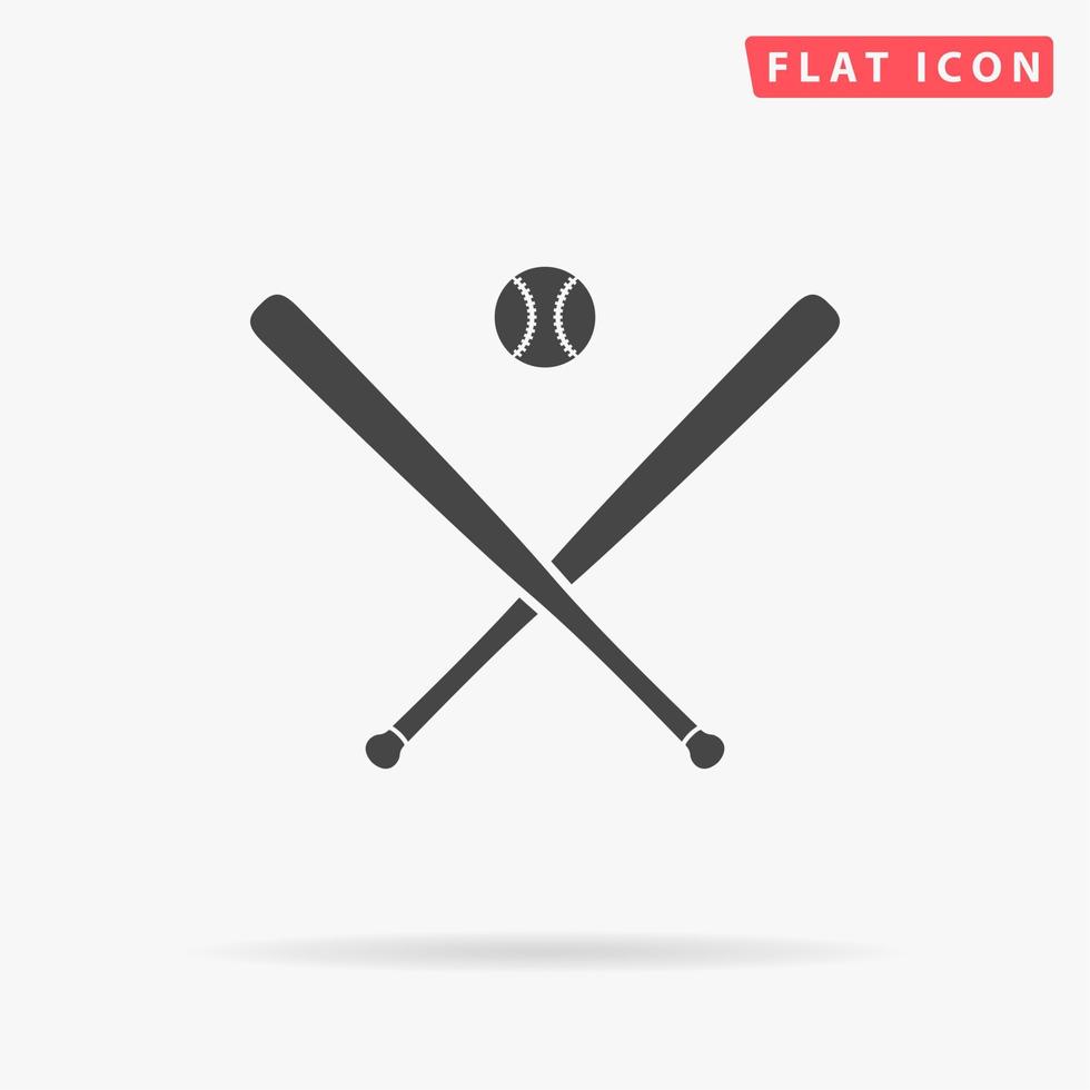 Crossed baseball bats and ball. Simple flat black symbol with shadow on white background. Vector illustration pictogram