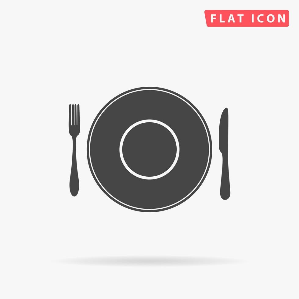 Plate dish with fork and knife. Simple flat black symbol with shadow on white background. Vector illustration pictogram