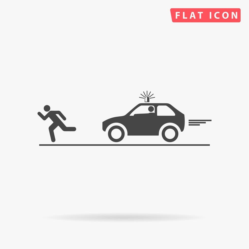 Robber and police car. Simple flat black symbol with shadow on white background. Vector illustration pictogram