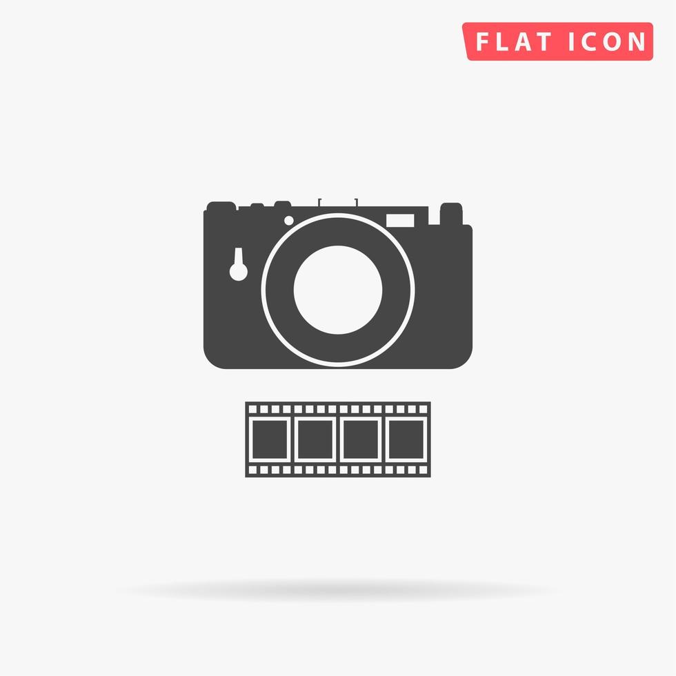 Photography camera and film. Simple flat black symbol with shadow on white background. Vector illustration pictogram
