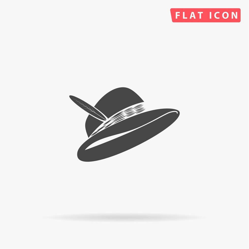 Hat with a feather. Simple flat black symbol with shadow on white background. Vector illustration pictogram