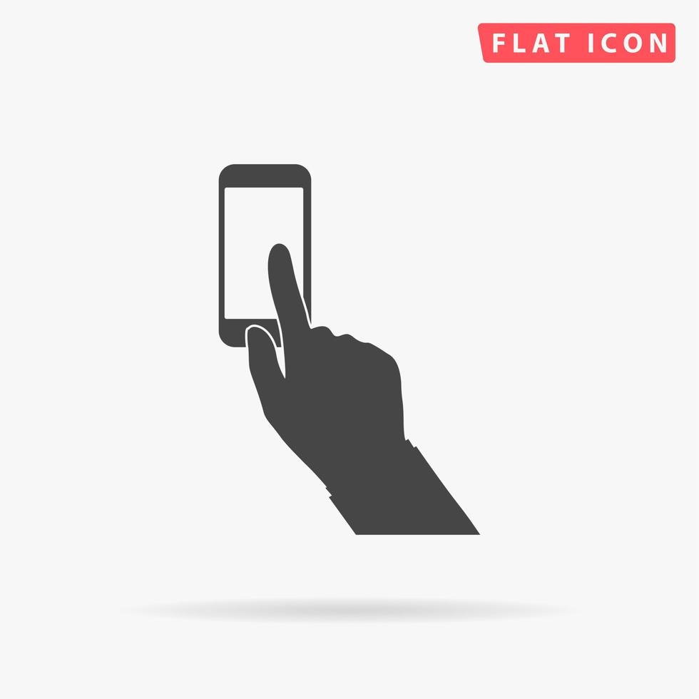 Smartphone, finger clicking. Simple flat black symbol with shadow on white background. Vector illustration pictogram