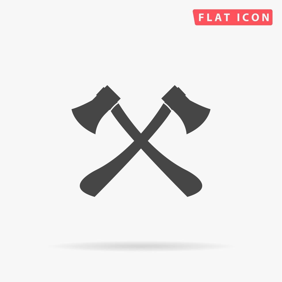 Two axes with wooden handles. Simple flat black symbol with shadow on white background. Vector illustration pictogram