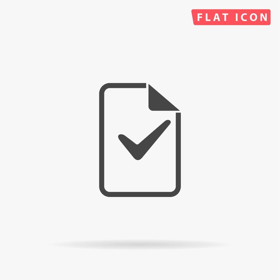 Document with check mark. Simple flat black symbol with shadow on white background. Vector illustration pictogram
