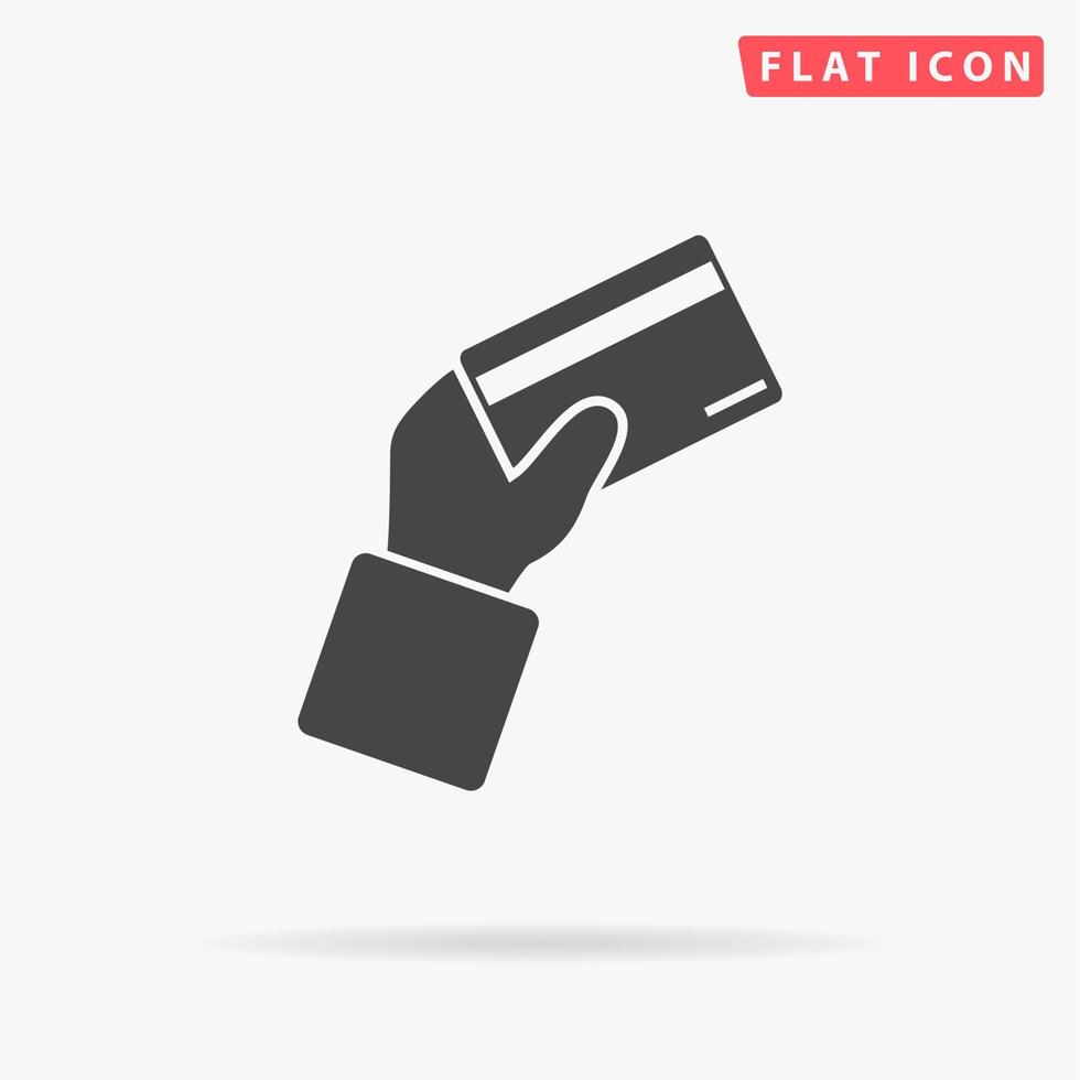 Credit card payment in hand. Simple flat black symbol with shadow on white background. Vector illustration pictogram