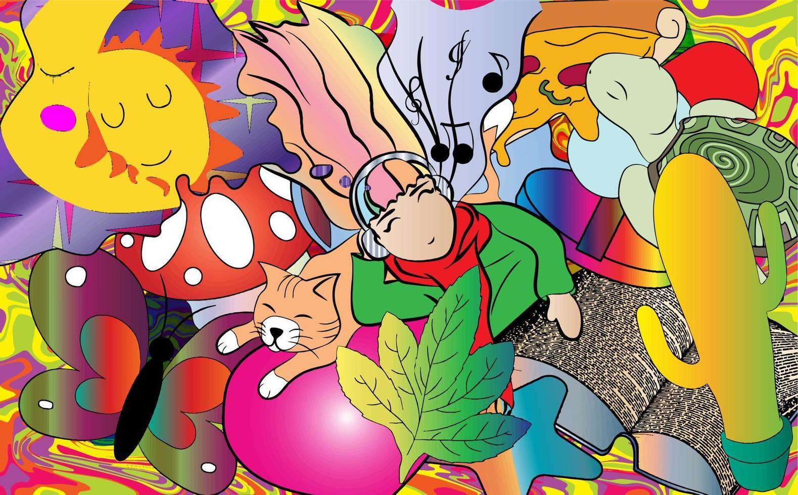 A girl dreams of a surreal world out of inner mind, psychedelia, psychedelic art vector