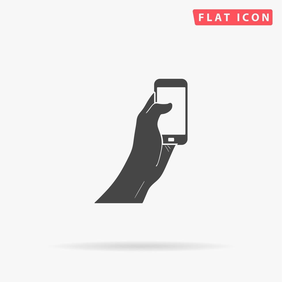Mobile phone in hand. Simple flat black symbol with shadow on white background. Vector illustration pictogram