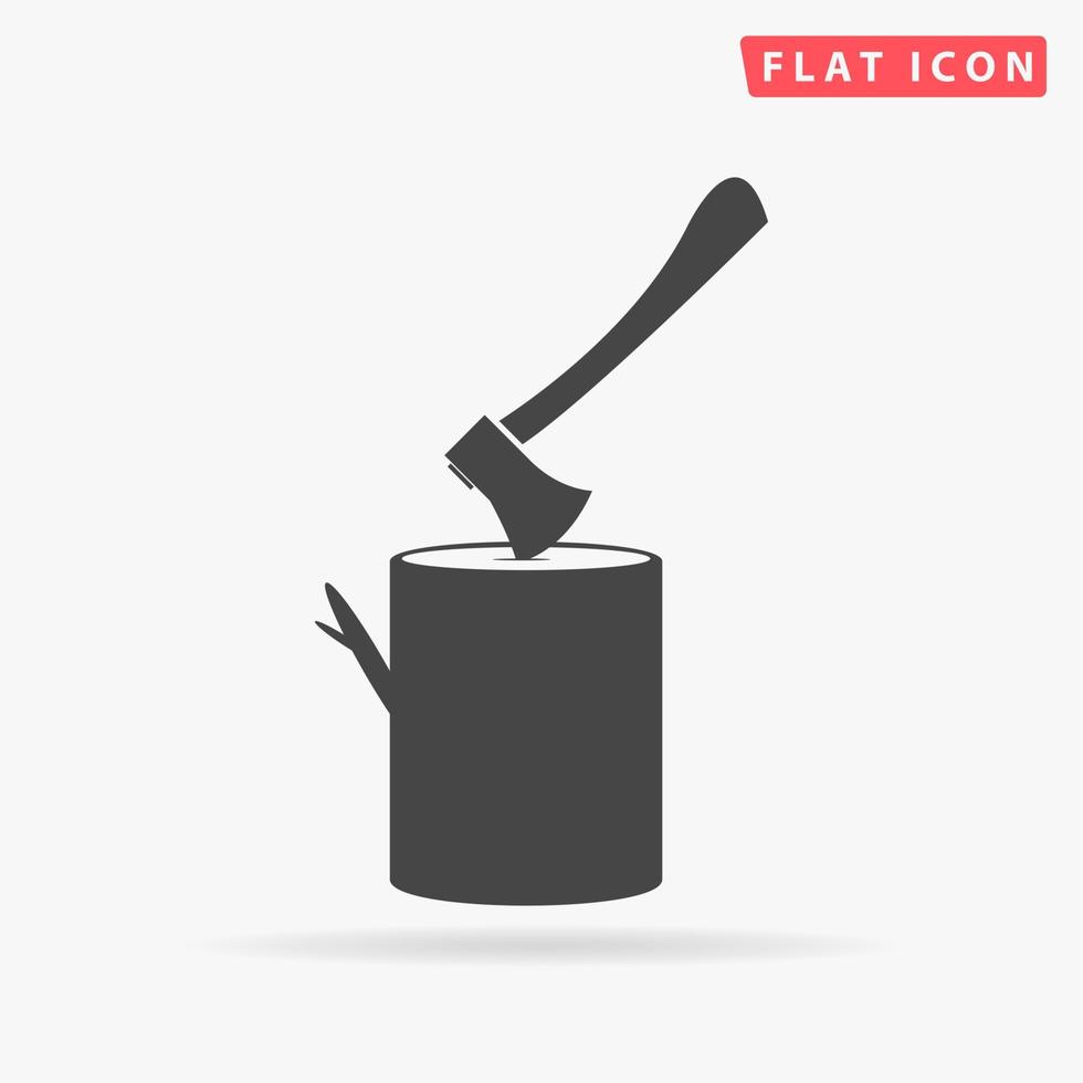 Tool lumberjack ax in a wooden deck. Simple flat black symbol with shadow on white background. Vector illustration pictogram
