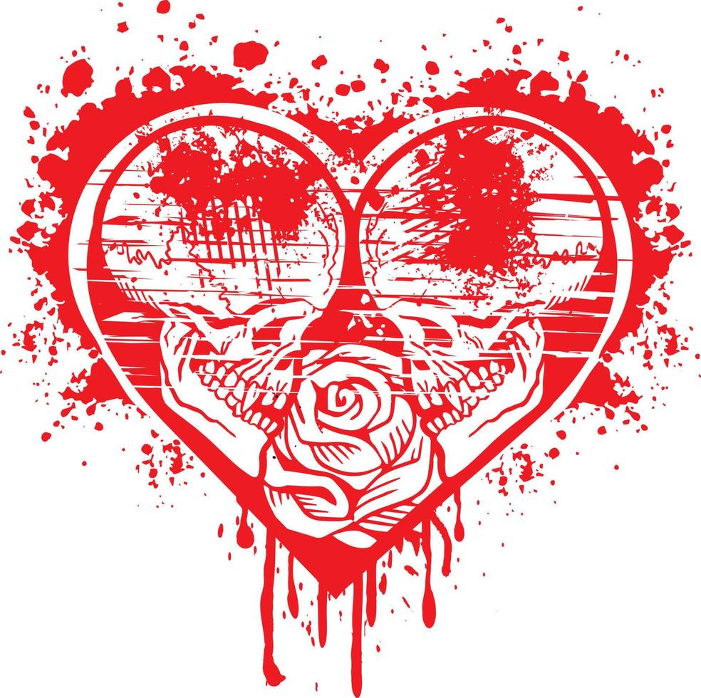 cráneo de san valentín con corazón, camisetas de diseño vintage grunge vector