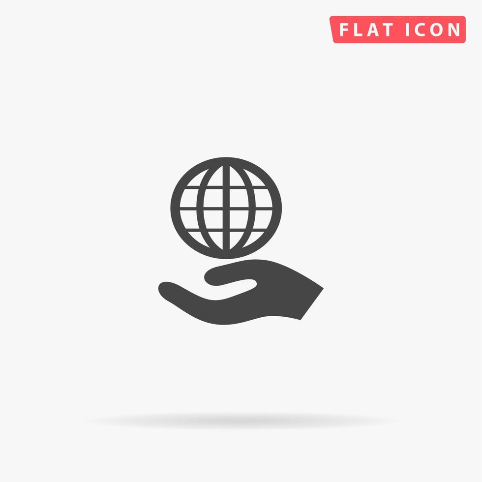 Globe with hand. Simple flat black symbol with shadow on white background. Vector illustration pictogram