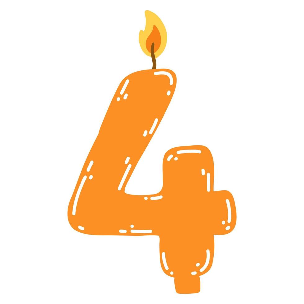 Candle number four in flat style. Hand drawn vector illustration of 4 symbol burning candle, design element for birthday cakes