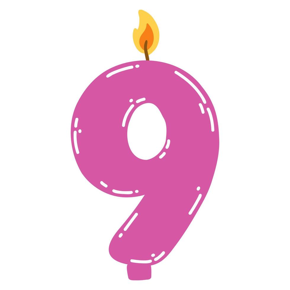 Candle number nine in flat style. Hand drawn vector illustration of 9 symbol burning candle, design element for birthday cakes