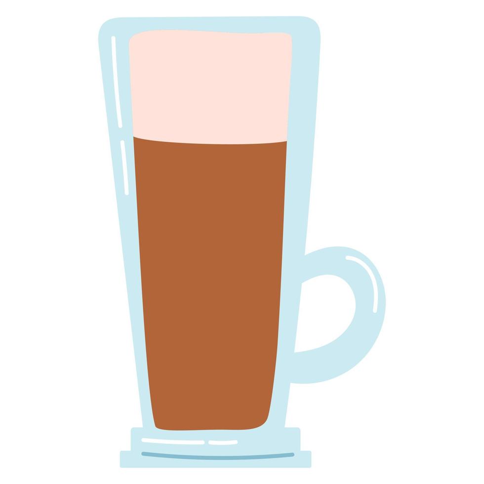 Hand drawn latte coffee in glass. Flat vector illustration of hot drink icon, cappuccino, chocolate