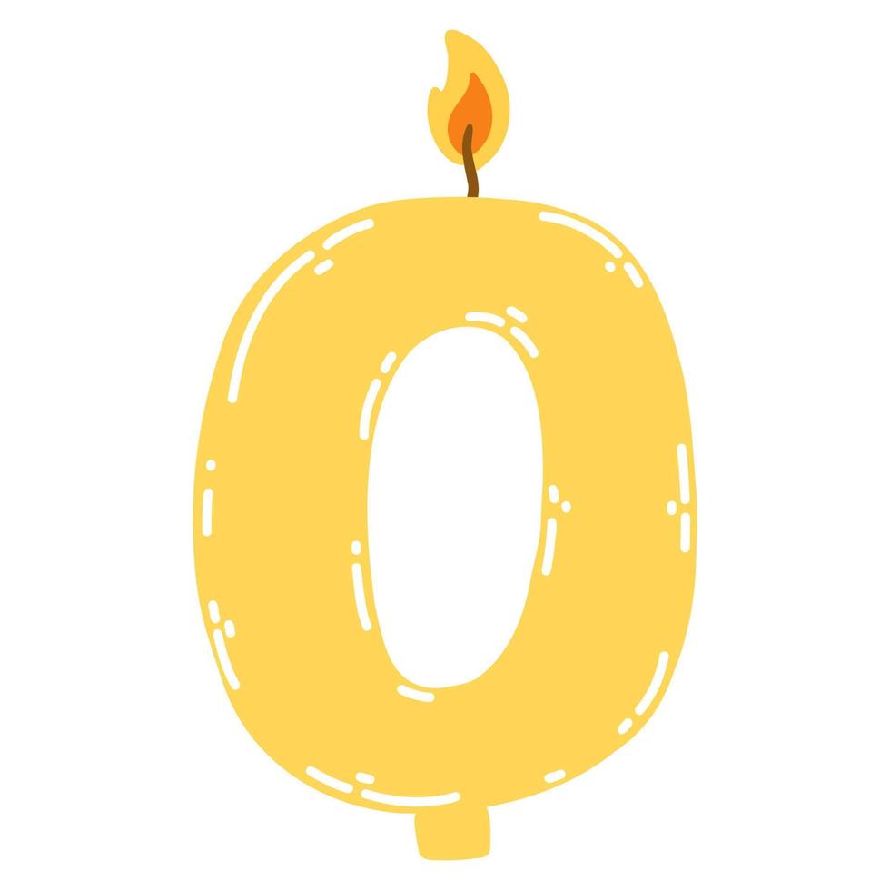 Candle number zero in flat style. Hand drawn vector illustration of 0 symbol burning candle, design element for birthday cakes