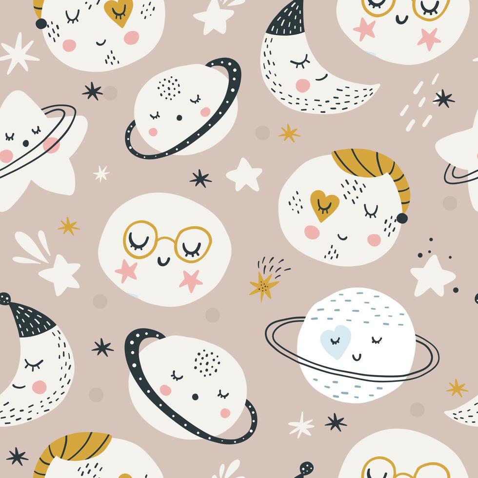 Cute baby planets and stars of solar system seamless pattern. Colored flat vector illustration of cosmos background.
