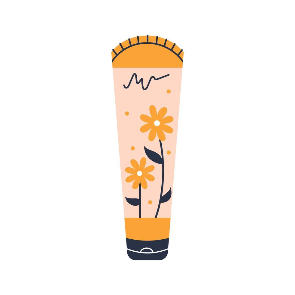 Vector orange cream tube with flowers in flat design. Beauty and skincare cosmetic. Daily routine. Botanical tube of cream or toothpaste.