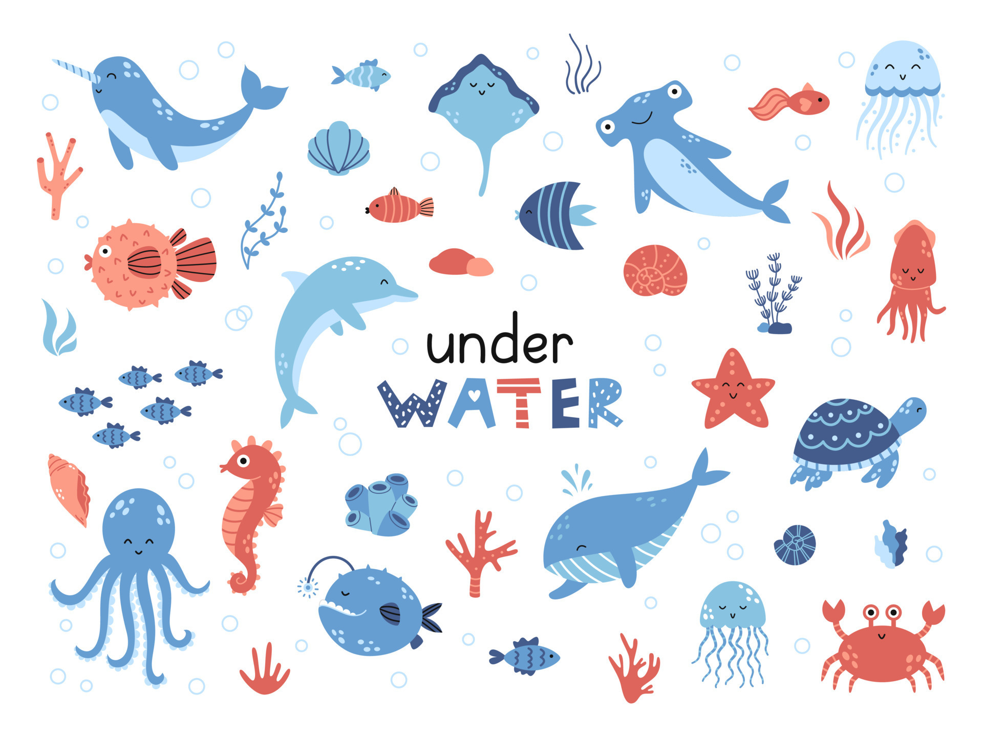 Vector cute set with sea animals. Marine collection with whale, dolphin,  octopus, narwhal, jellyfishes and other fish. Shells and algae. Inhabitants  of the sea world in flat design. 18925038 Vector Art at