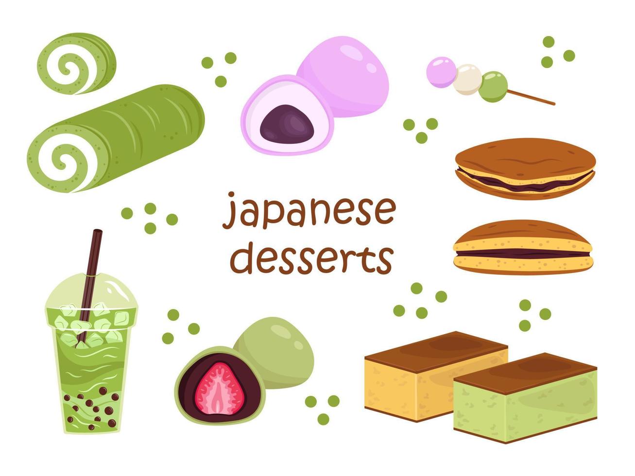 Vector set with japanese desserts. Bubble tea, mochi, hanami dango, castella and matcha roll cake. Collection of asian food.