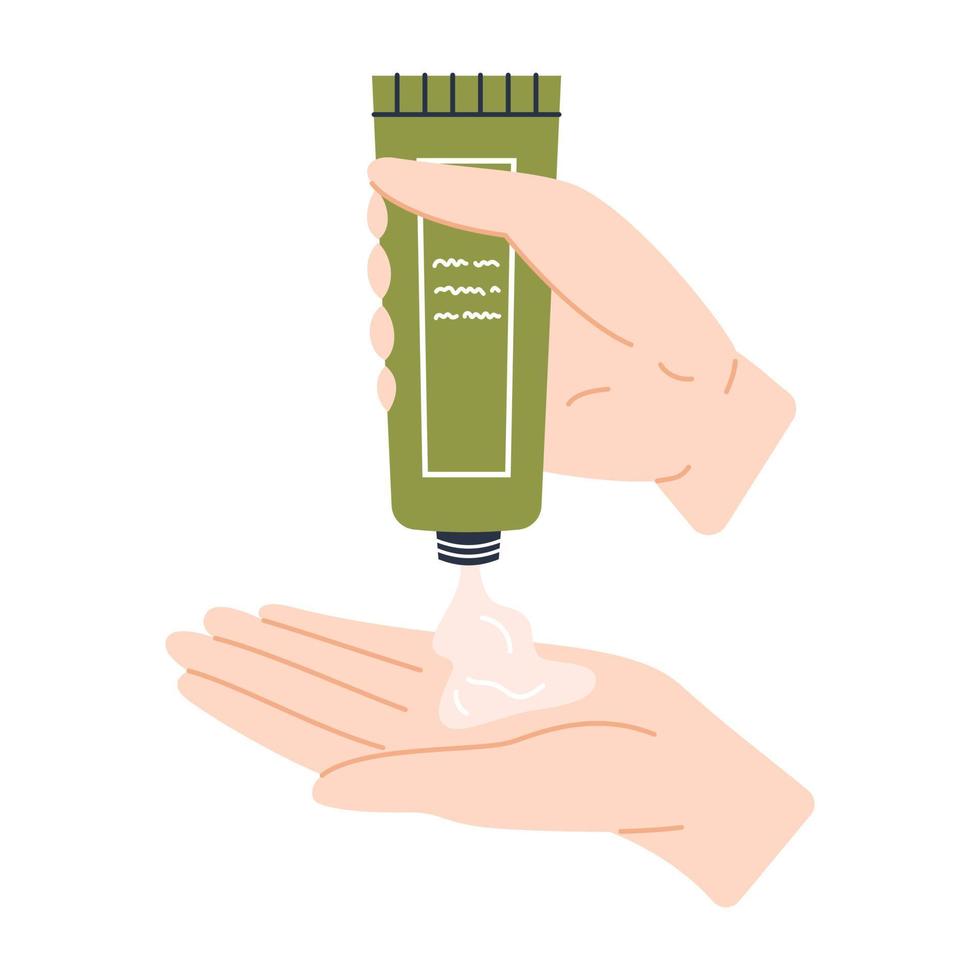 Womans hand squeezing cream from a green tube onto a palm. Vector skincare illustration. Girl using hand cream. Daily cosmetic.