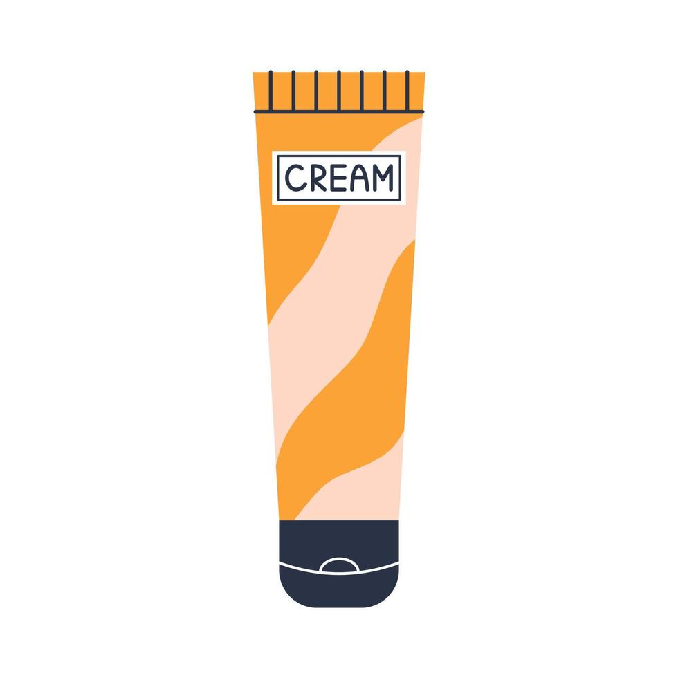 Vector orange cream tube in flat design. Beauty and skincare cosmetic. Daily routine. Tube of cream.