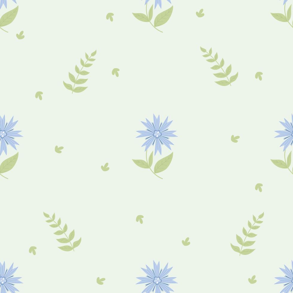 Floral seamless pattern with blue cornflower and leaves on light background. Vector illustration. Botanical pattern for decor, design, packaging, wallpaper, textile and print.