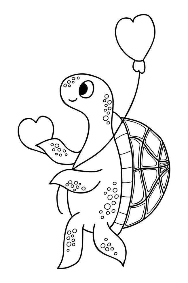 linda tortuga con corazón y globo. ilustración vectorial dibujo de contorno animal divertido de dibujos animados. para diseño, decoración, tarjetas, impresión, página para colorear, tarjetas de San Valentín. vector