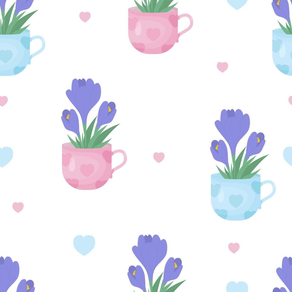 Floral seamless pattern. Spring bouquet of flowers saffron in cups on white background. Vector illustration. Delicate botanical endless background for decor, design, packaging, wallpaper, textile.