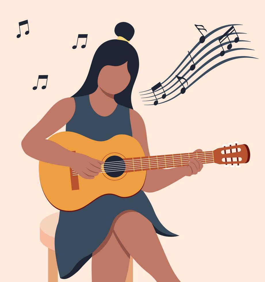 la chica de piel negra está tocando la guitarra ilustración vectorial en estilo plano vector