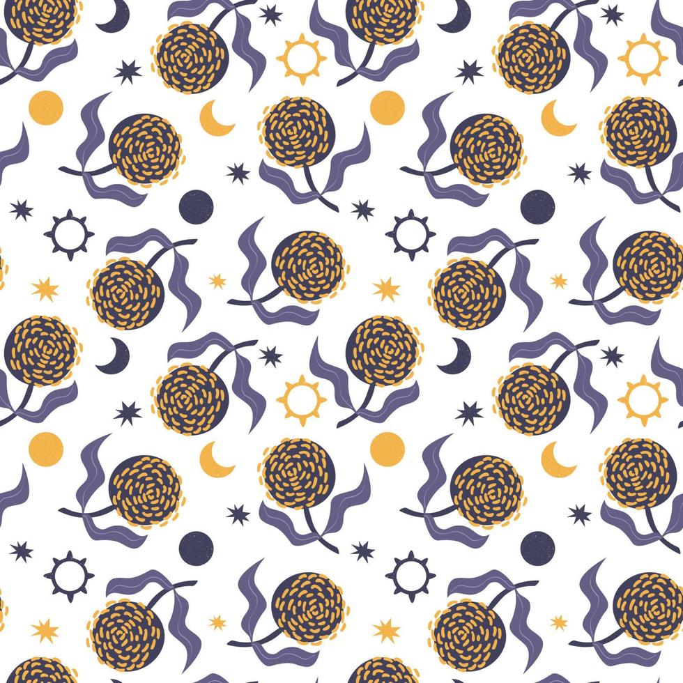 Flowers and moon, sun. Mystic. Vector illustration, seamless pattern