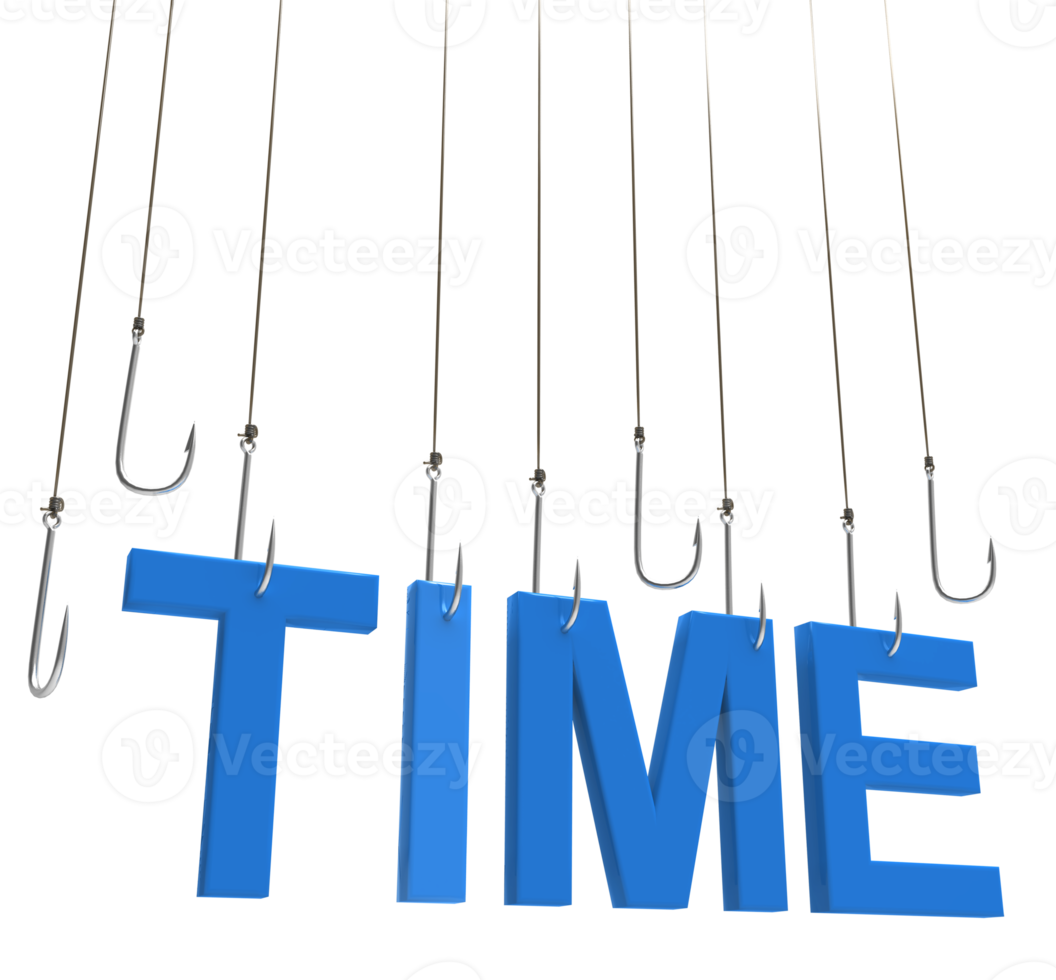 Time text hanging on a fishing hook png